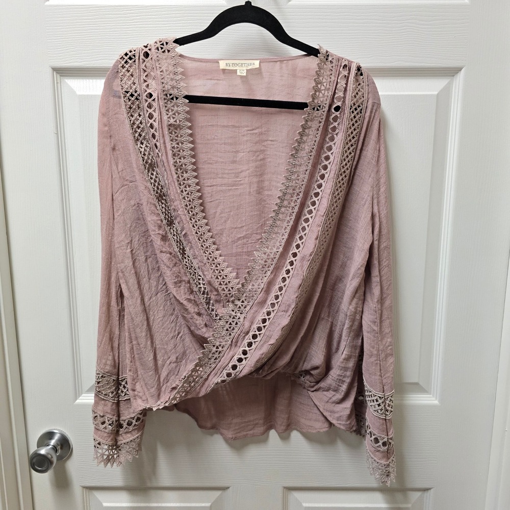 By Together Boho Lace Wrap Blouse Blush Pink Long Sleeve Crochet Trim Womens MED